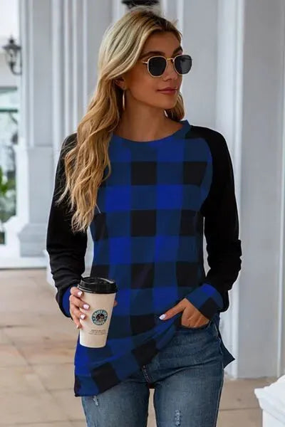 Plaid Round Neck Long Sleeve T-Shirt Cobald Blue Women's T-Shirts - Tophatter Daily Deals